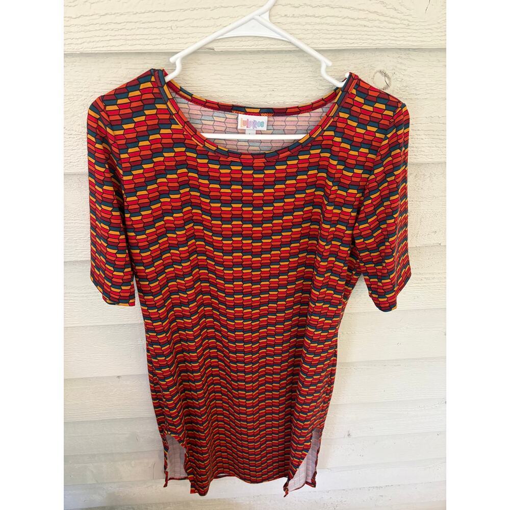 LuLaRoe Julia Dress Size Large Geometric Print Red Blue Mustard High Side Slits - Picture 3 of 7